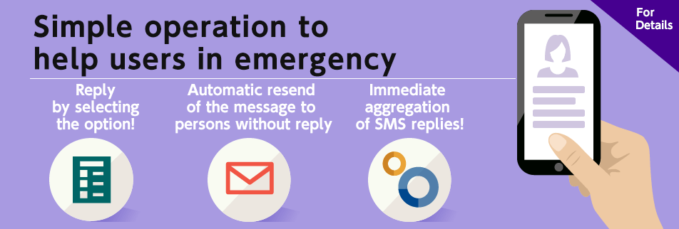 Simple operation to help users in emergency:Reply by selecting the option!Automatic resend of the message to persons without reply